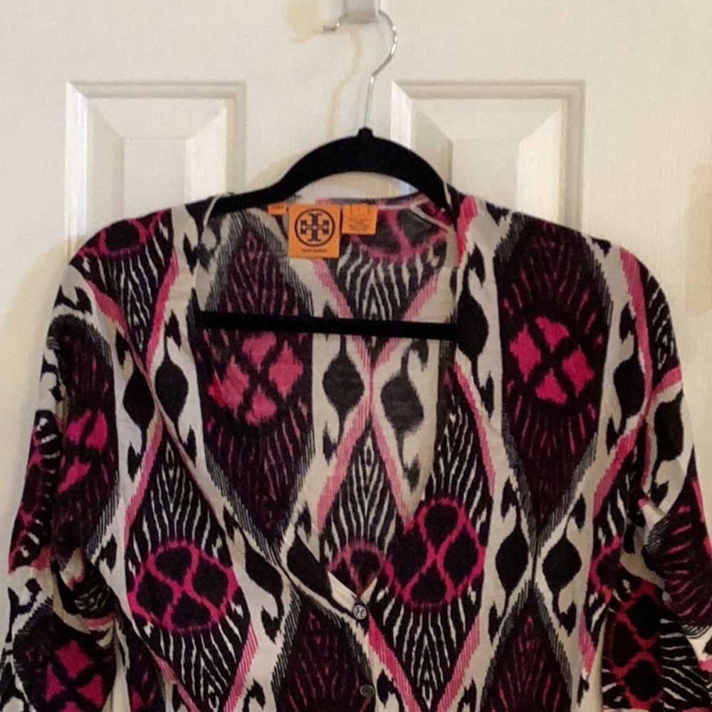 Tory Burch Low-Cut Deep V-Neck Black, White & Raspberry Cardigan - Picture 2 of 7